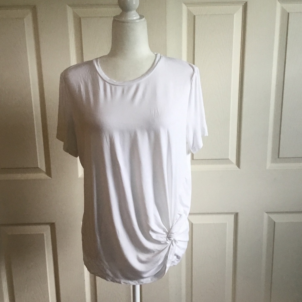 Cottagecore Feminine White Knotted Short Sleeve Tee Size L Stretchy